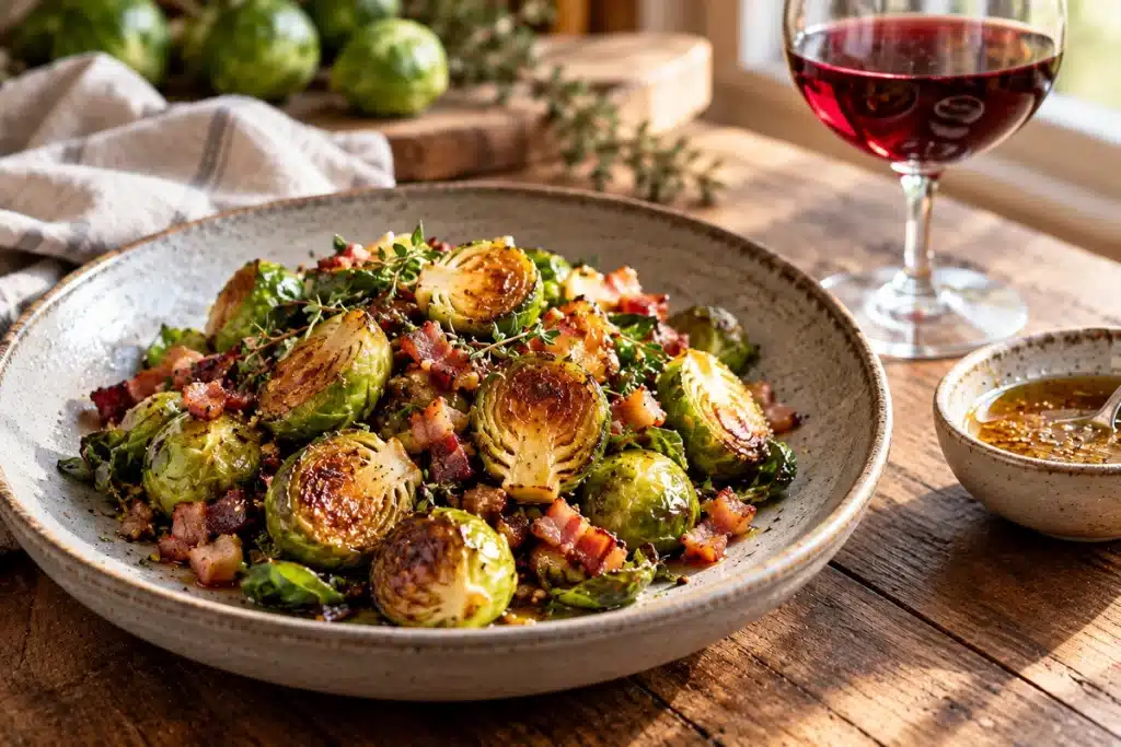Goldbraun geröstete Rosenkohlhälften mit Speck und Kräutern in einer Keramikschale, daneben ein Glas Rotwein und Senfdressing.